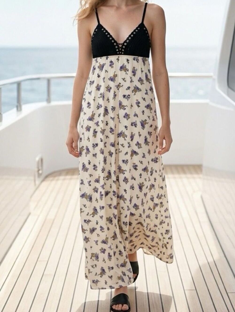 JULY SALE ZARA Crochet Floral Print Silk Effect Maxi Dress